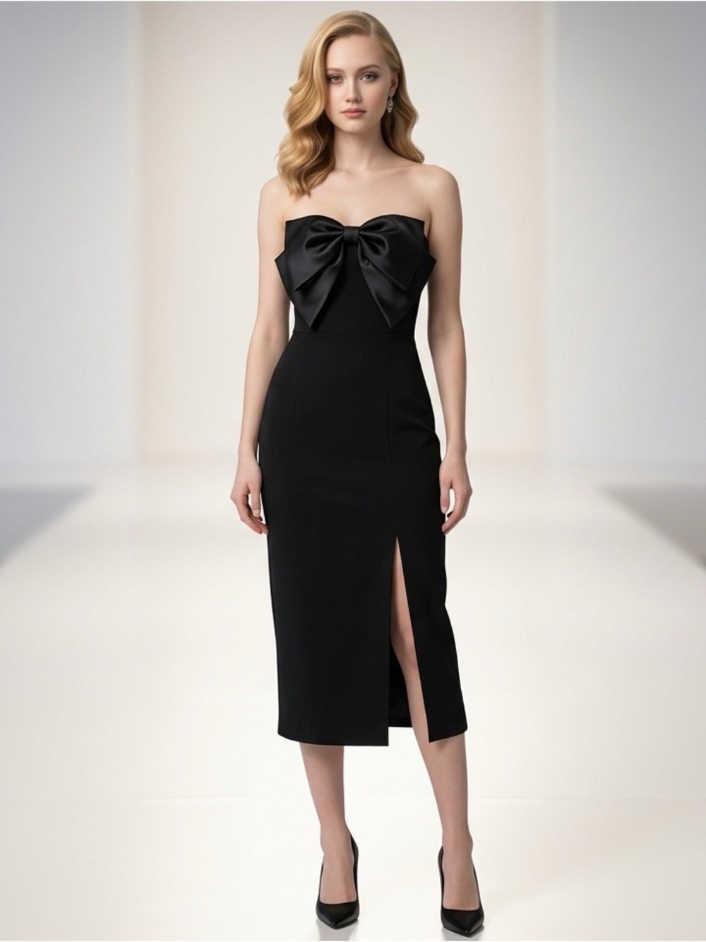Lulus NWT Black Strapless Satin Bow Midi Bodycon Dress XS